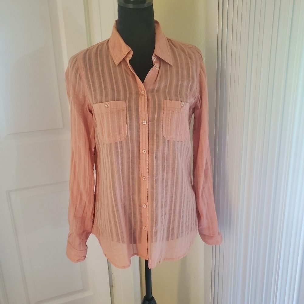 long sleeve bright peach orange collared buttondown shirt